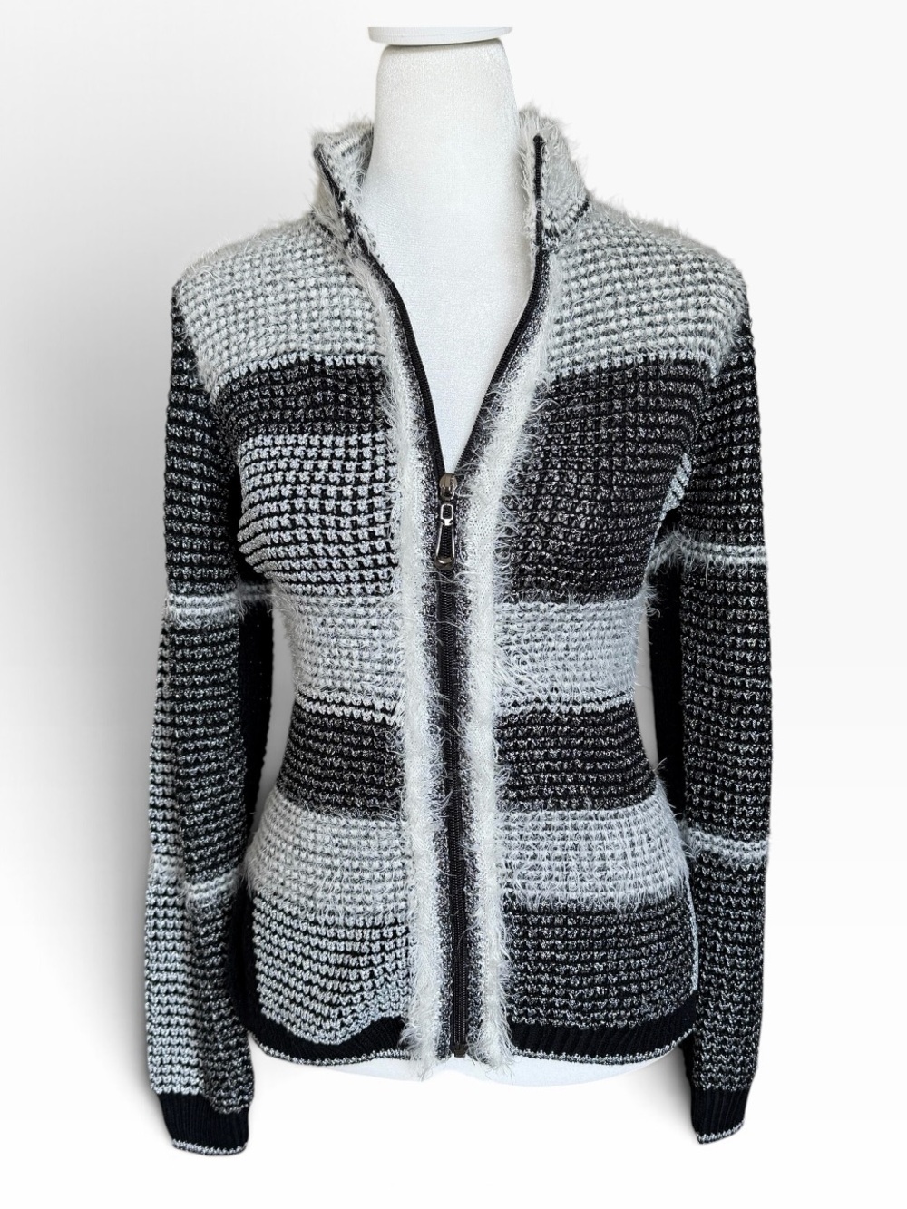 Alison Sheri Textured Metallic Knit Zip Sweater Cardigan Black Gray Sz S